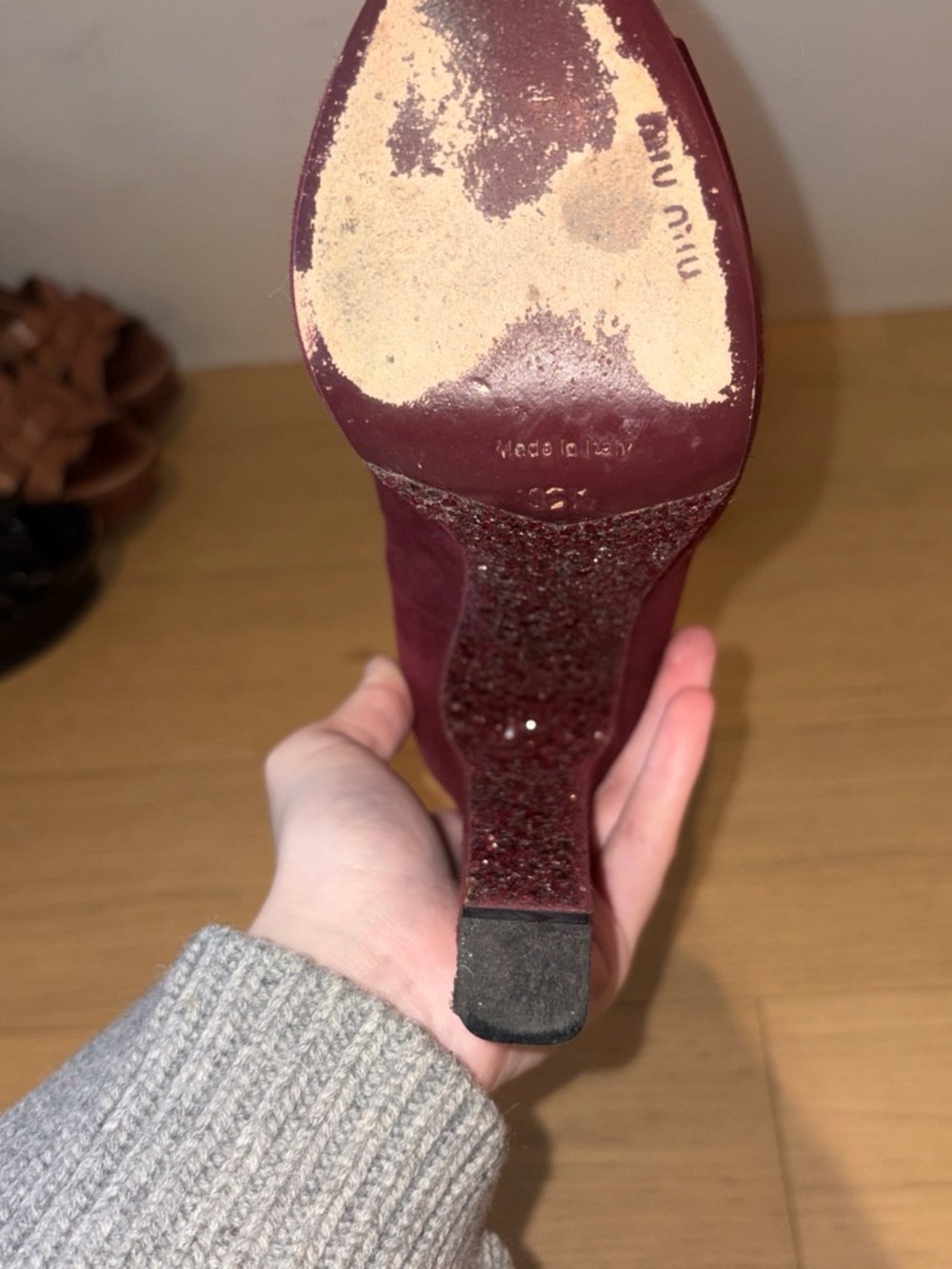 Miu Miu Burgundy Suede Peep-Toe Platform Heels - Picture 3 of 4